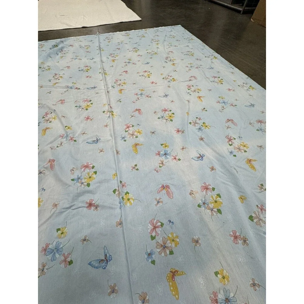 Vintage Thomaston No Iron FULL Flat Sheet Blue with Flowers and Butterflies READ